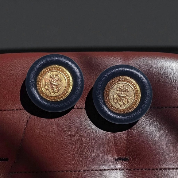 Huge Navy Blue and Gold Tone Button Earrings Vtg Style - Picture 1 of 8